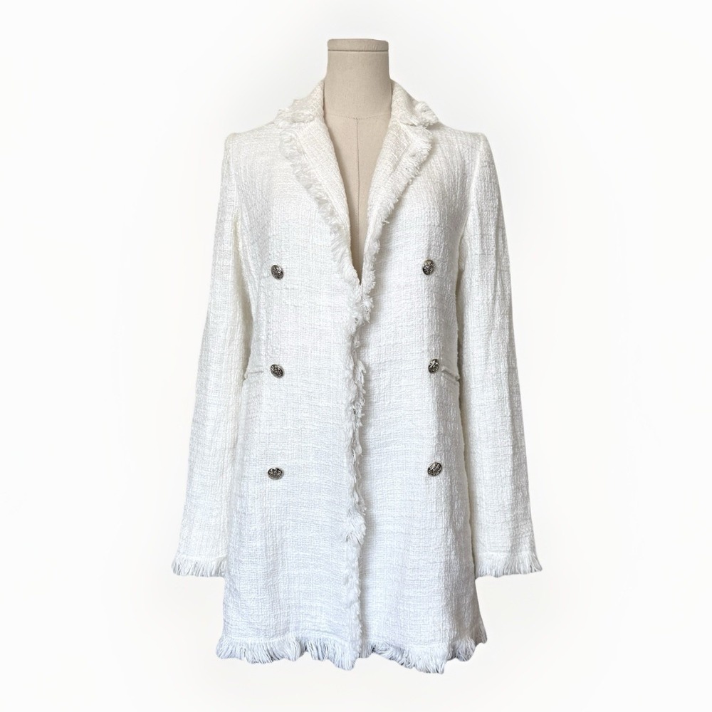 Carolina Belle Montreal White Tweed Knit Blazer Coat Sz S Fringe Double Breasted